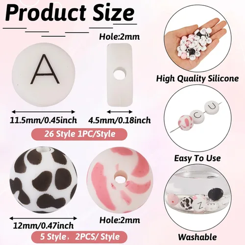 Miniatura 2 de FASHEWELRY 36 cuentas de silicona redondas del alfabeto A-Z, cuentas focales de goma de vaca para pulseras, collares, llaveros, fabricación de joyas
