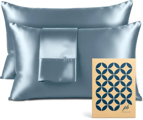 Miniatura 48 de Pure Bedding Sábanas de satén individuales [3 piezas, plateadas] Juego de sábanas sedosas de lujo para hotel, juego de sábanas de microfibra extra