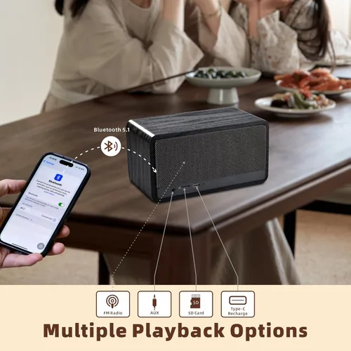 Miniatura 6 de Radio FM Portátil con Bluetooth, Altavoz Soporta SD, AUX, Cuero PU, Radio Recargable de 2600mAh para Cocina y Sala de Estar con Botón Giratorio