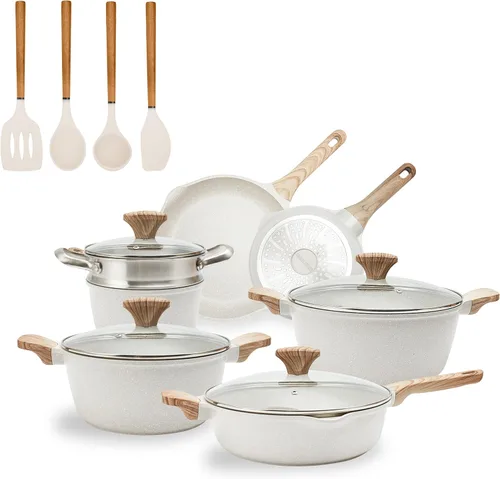 Country Kitchen Juego de utensilios de cocina de aluminio fundido antiadherente, utensilios de cocina duraderos para cocinar todos los días, crema,
