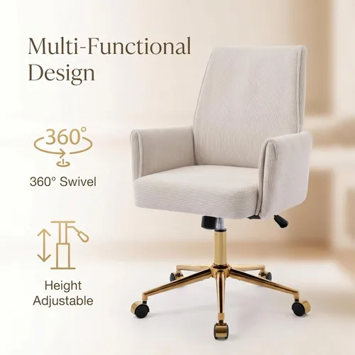 Miniatura 3 de ECHINGLE Silla de oficina ergonómica para computadora, silla de escritorio giratoria con respaldo medio con base dorada, altura ajustable para Crema