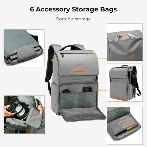 Miniatura 13 de K&F Concept Funda para cámara de 22L para fotógrafos, bolsas de cámara de gran capacidad con cubierta impermeable, compartimento para laptop de 15.6