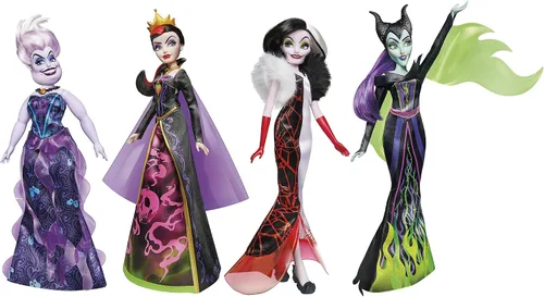 Disney Princess Villains Black and Brights Collection, muñeca de moda, paquete de 4, juguete de villanos de Disney para niños de 5 años en adelante