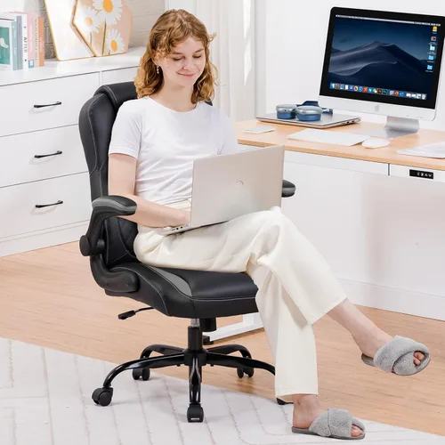 Miniatura 2 de COMHOMA Silla ergonómica para juegos de oficina para adultos, con soporte lumbar, brazos abatibles, altura ajustable, ruedas giratorias de piel Gris
