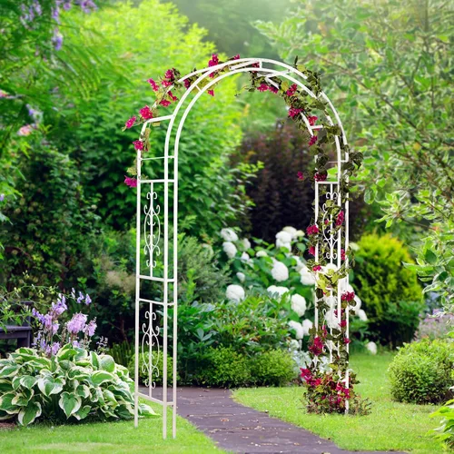 Miniatura 7 de Estructura de arco de jardín al aire libre de metal de Plow & Hearth, de 84 pulgadas de alto, entramado de celosía de hierro para plantas Rojo