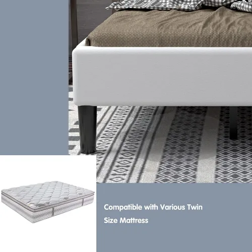Miniatura 5 de Base de cama individual tapizada con cabecero, base de colchón de soporte de listones de madera maciza, no necesita somier y de fácil montaje, Beige