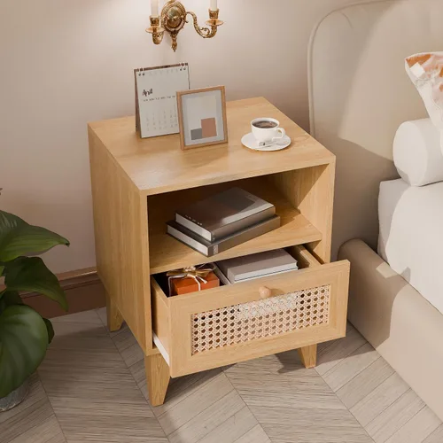 Miniatura 4 de Betterhood Juego de 2 mesitas de noche de ratán, juego de 2 mesitas de noche para dormitorio, mesita de noche bohemia, mesita de noche de madera