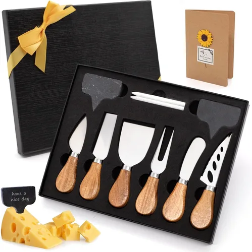 Miniatura 7 de Juego de cuchillos de queso para embutidos – 4 cuchillos de queso pequeños de acero inoxidable y tenedor con soporte magnético de madera de acacia