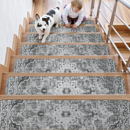 Miniatura 9 de OJIA Peldaños de escalera antideslizantes para escalones de madera en interiores, 15 piezas de 8"x30" alfombras con respaldo de goma para peldaños