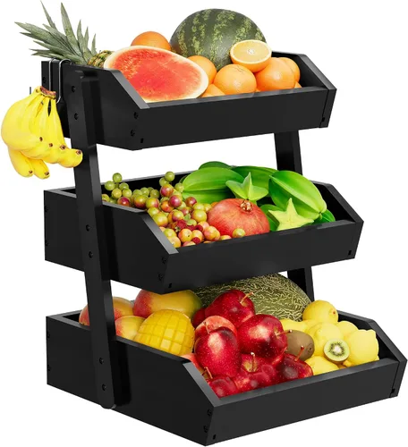 Miniatura 8 de Cesta de frutas de bambú de 2 niveles para encimera de cocina, encimera de almacenamiento de frutas de gran capacidad, soporte para frutas