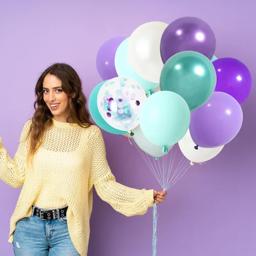 Miniatura 5 de RUBFAC Juego de 65 globos de guirnalda de sirena, globos metálicos de 12 pulgadas de color morado y verde, globos de confeti de látex morado, azul