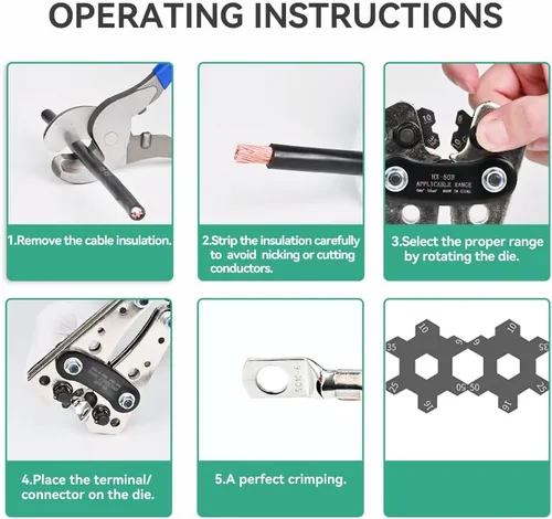 Miniatura 3 de Herramienta de prensado de terminales de cable de batería 10-1 AWG, engarzadora de alambre resistente para terminales de anillo de alambre
