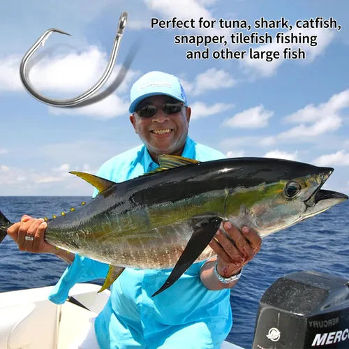 Miniatura 7 de Ganchos circulares de pesca de agua salada, 20 ganchos circulares en línea de acero inoxidable, 2 ganchos grandes extra fuertes, ganchos circulares