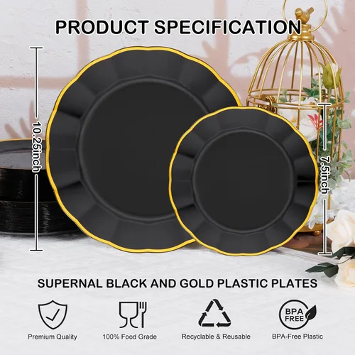 Miniatura 6 de supernal 60 piezas Platos de Cumpleaños Negros y Dorados Platos de Plástico para Fiestas y Platos Desechables Elegantes Platos Festoneados