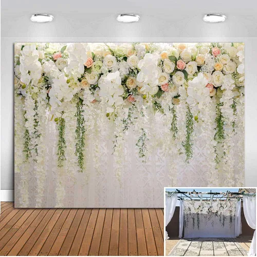 YQ - Telón de fondo floral de rosa blanca de 7 x 5 pies para fotografía de despedida de soltera, boda, flores, decoración de pared, fondo de fotos