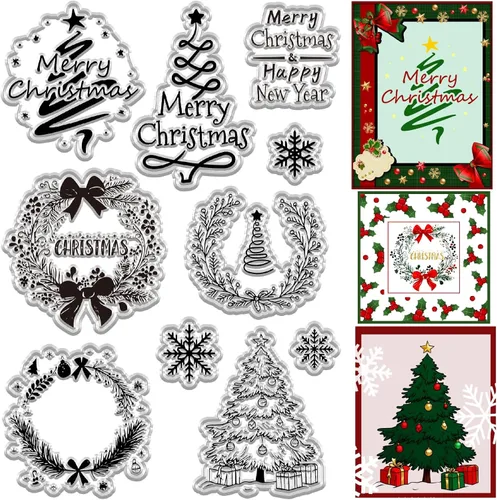Miniatura 18 de CRASPIRE Sellos de goma transparente de Navidad para casa de invierno, bosque, copo de nieve, alce, muñeco de nieve, trineo, sellos de silicona