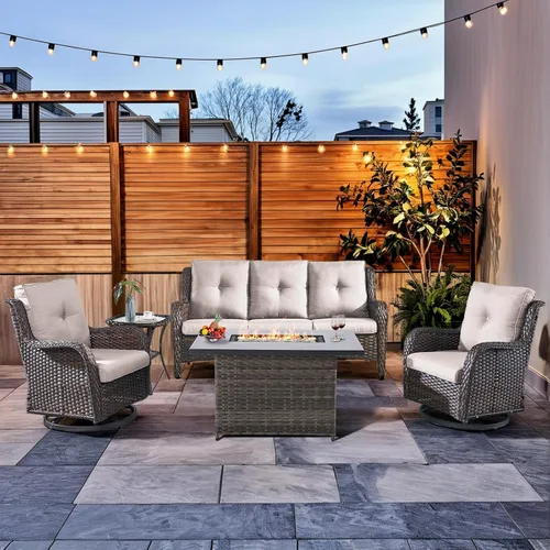 Miniatura 9 de HUMMUH Sillas Mecedoras Giratorias de Mimbre para Patio Exterior con Respaldo Alto, Sillas Deslizantes de Ratán PE, Juego de Muebles de Patio de 4