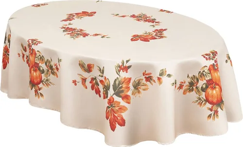 Miniatura 12 de Lintex Mantel de tela de cosecha de otoño de Thanksgiving Traditions, cuadrado de 52 x 52 pulgadas, parche de calabaza y borde de hojas de otoño