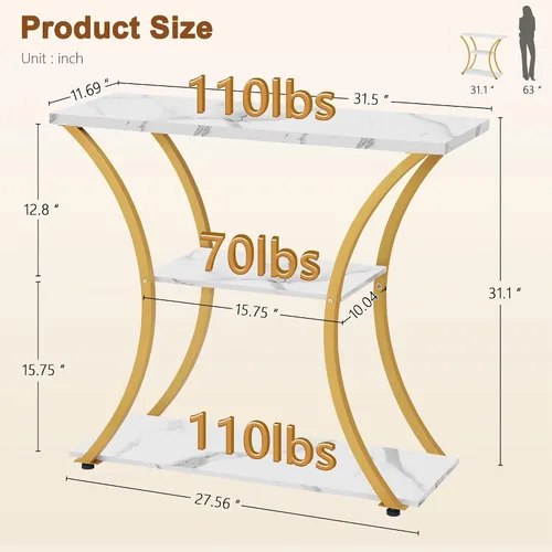 Miniatura 2 de Hoctieon - Mesa de recibidor de 3 niveles con estantes de madera abiertos, mesa decorativa para entrada con marcos curvos de metal, mesa de sofá