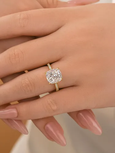 Miniatura 13 de Anillo de compromiso de corte cojín de 4 quilates para mujer, piedra blanca/amarilla grado 5A, circonita cúbica S925, plata, amarillo/blanco/oro rosa