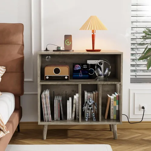 Miniatura 9 de VINGLI Soporte para tocadiscos con almacenamiento de vinilo abierto, mesa de almacenamiento de álbumes de mediados de siglo con luz LED de hasta 300