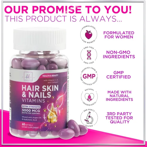 Miniatura 4 de Vitaminas para el cabello para mujeres para el crecimiento del cabello, suplemento con infusión de argán con colágeno, biotina y ácido hialurónico