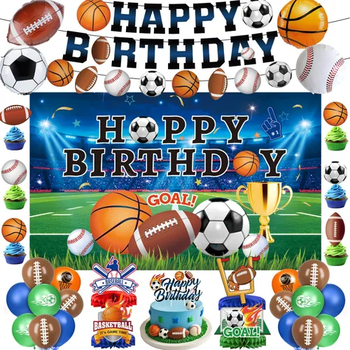 Miniatura 10 de Las decoraciones para fiestas de cumpleaños de los años 90 incluyen telón de fondo, centros de mesa de panal, pancarta, espirales colgantes, globos