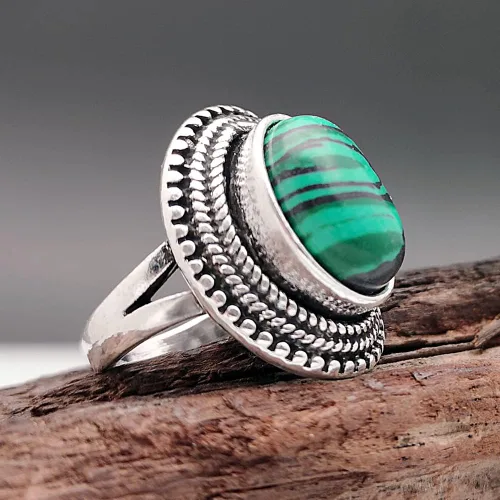SUKKCCNO Anillos de piedra natural para mujer, plata de ley vintage, corte ovalado, con piedras preciosas verdes malaquita, anillos solitarios