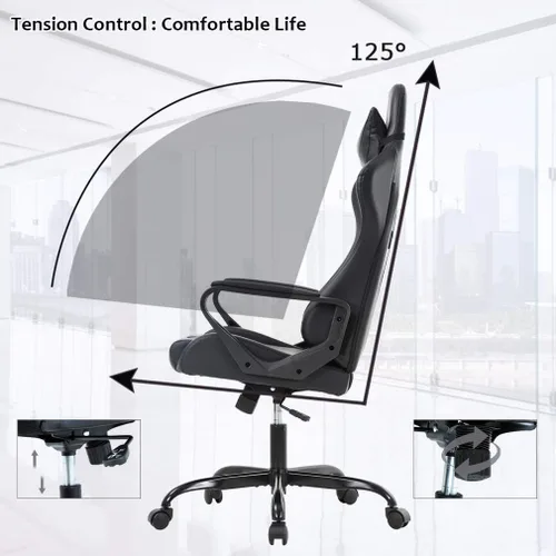 Miniatura 5 de Silla de oficina para videojuegos con brazos y apoyo lumbar, reposacabezas con respaldo alto, de piel sintética, silla de escritorio ergonómica