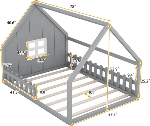Miniatura 2 de MERITLINE Cama de casa para niños, cama Montessori tamaño matrimonial, marco de madera con rieles y ventana, no necesita somier, para niños, Gris