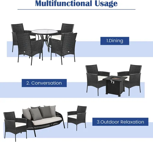 Miniatura 4 de RELAX4LIFE Juego de 2 sillas de mimbre para patio, sillas de ratán de polietileno para interiores y exteriores con respaldo de bastón, cojines