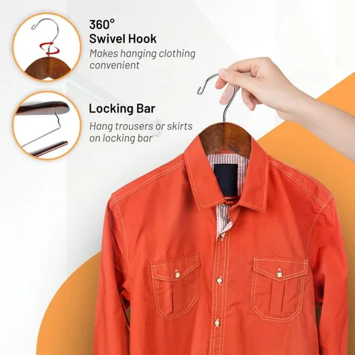 Miniatura 5 de DEILSY - Perchas de madera para hombros anchos con barra antideslizante para pantalones y gancho giratorio de 360° - Perchas de acabado liso