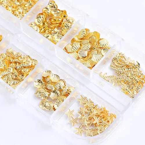 Miniatura 5 de Calcomanías de metal 3D para uñas, 12 formas, purpurina holográfica y lentejuelas, kit de suministros de arte dorado, caballito de mar, hojas
