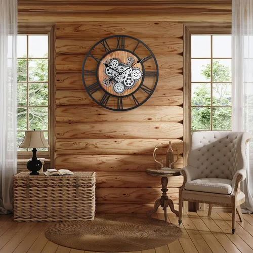 Miniatura 3 de Lafocuse Reloj de pared de engranaje móvil real de 23 pulgadas, reloj de pared grande de madera Steampunk para decoración de sala de estar