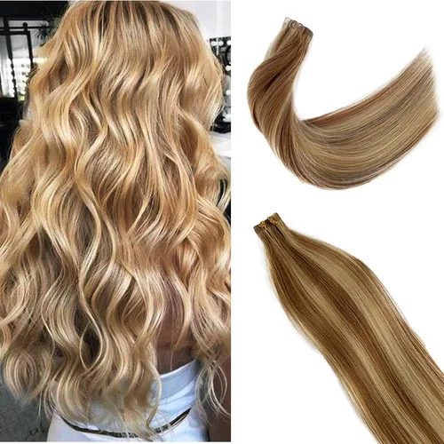 Miniatura 12 de Extensiones de cabello humano rubio con cinta, reflejos rubio ceniza y rubio platino, extensiones de cabello rubio platinado, cinta adhesiva