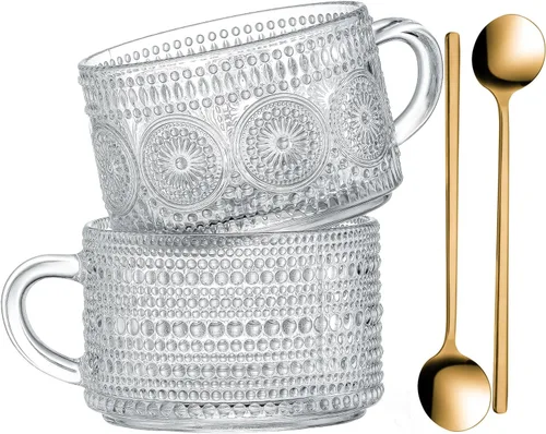 Miniatura 9 de Gezzeny Tazas de café vintage con platillos de 14 onzas, juego de 2 tazas de vidrio en relieve, tazas de té, tazas de café de vidrio para capuchino