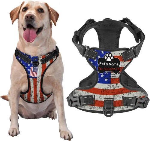 Arnés personalizado para perro sin tirones, chaleco personalizado con bandera estadounidense vintage con número de teléfono y nombre de mascota,