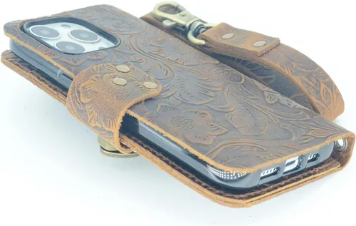 JJNUSA Funda tipo cartera compatible con iPhone 13 Pro de 6.1 pulgadas hecha a mano de piel auténtica envejecida con correa de muñeca, color marrón