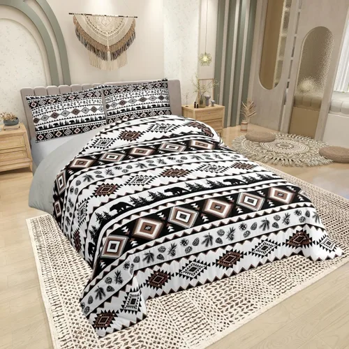 Miniatura 2 de Castle Fairy Juego de edredón con estampado azteca occidental, juego de ropa de cama geométrica a rayas marrones para niños y adolescentes