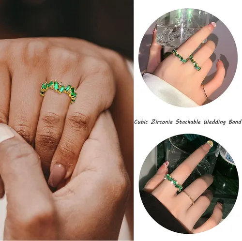 Miniatura 3 de UILZ Anillos de boda de compromiso de circonita cúbica verde para mujeres y niñas, anillos apilables de oro verde esmeralda para mujeres novias