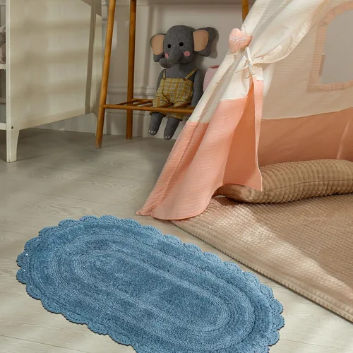Miniatura 4 de Chardin home Alfombra de baño de ganchillo azul provincial, 100 % algodón, ovalada con borde de ganchillo hecho a mano, 21 x 34 pulgadas, alfombra