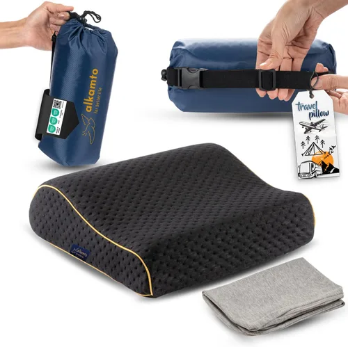 Miniatura 18 de alkamto Almohada de espuma viscoelástica cómoda para viajes y campamentos, bolsa portátil fácil de transportar, funda de almohada con regulación