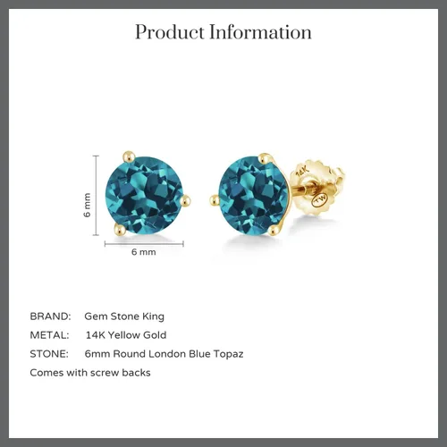 Miniatura 6 de Gem Stone King Aretes de tuerca de oro amarillo de 14 quilates, topacio azul Londres de 3 puntas, Martini con parte trasera para mujer