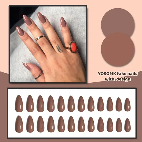 Miniatura 3 de Uñas postizas a presión marrón café, uñas postizas medianas de almendra, color sólido, cobertura completa, uñas postizas artificiales brillantes