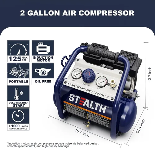 Miniatura 2 de Stealth Compresor de aire de 2 galones, compresor de 3/4 HP sin aceite, compresor de aire eléctrico ultra silencioso de menos de 60dB, presión