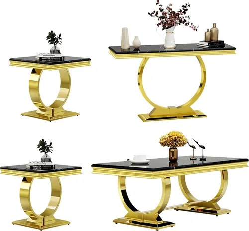 ACEDÉCOR Moderno juego de mesa de centro de 4 piezas, dorado, mesa de mármol sintético, incluye mesa auxiliar, 2 mesas auxiliares, mesa consola, Oro