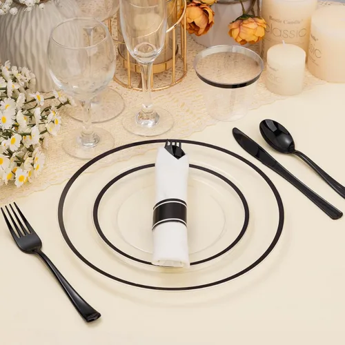 Miniatura 6 de BESTSTAR Juego de 175 platos desechables transparentes y negros para 25 invitados, 50 platos de plástico, 25 vasos, 25 servilletas preenrolladas
