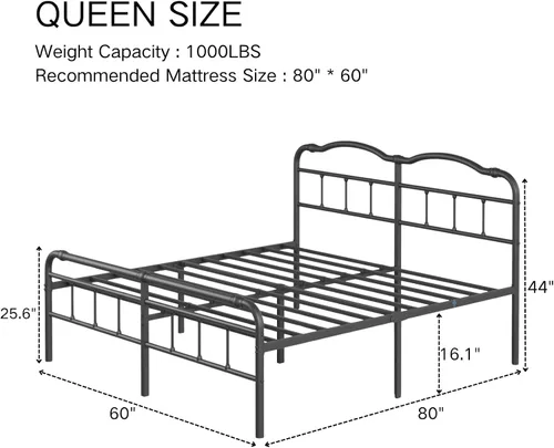 Miniatura 2 de Breezehome Base de cama tamaño Queen con cabecero, 18 pulgadas de alto, marco de cama de plataforma de metal resistente, sin ruido, fácil montaje