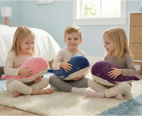 Miniatura 6 de Almohada de felpa de animales de peluche de ballena, 4 tamaños, lindas almohadas de peluche de algodón suave, estilo kawaii de ballena azul, regalos