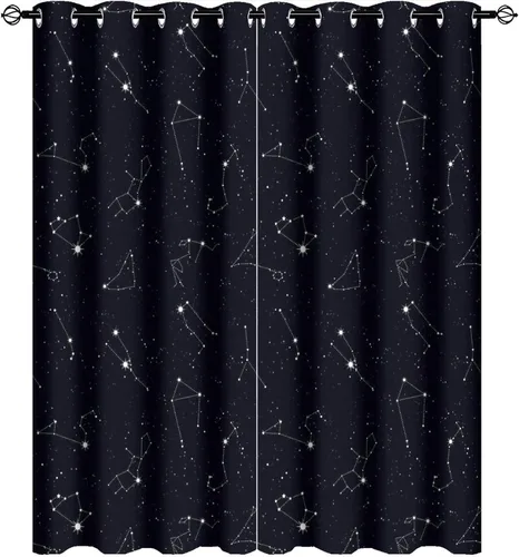 Miniatura 11 de Cortinas de Constelación, Arte Moderno Abstracto Patrón de Símbolos de Constelación Galaxia Negra Blanca, Tratamientos para Ventanas con Aislamiento